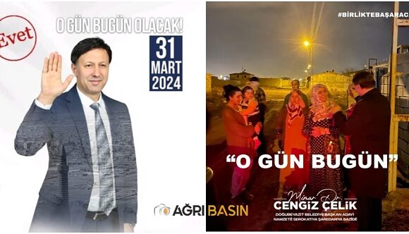 AK Parti Doğubayazıt Belediye Başkan adayı Dr. Cengiz Çelik, sahada yaptığı seçim çalışmalarında “O GÜN BUGÜN” diyerek destek istedi. Ak 